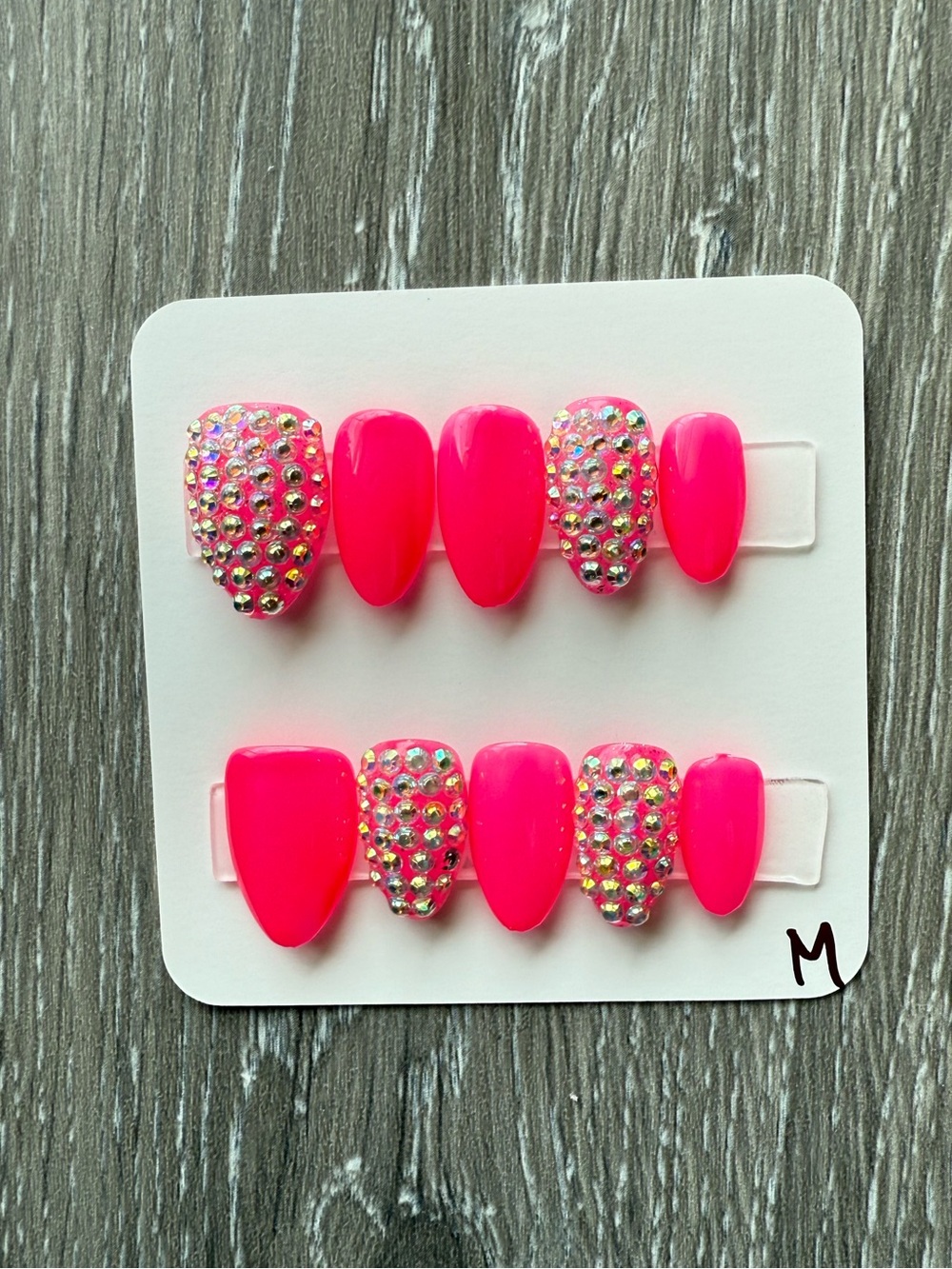 Neon Pink Rhinestone Press-On Nail Set - Picture 2 of 2